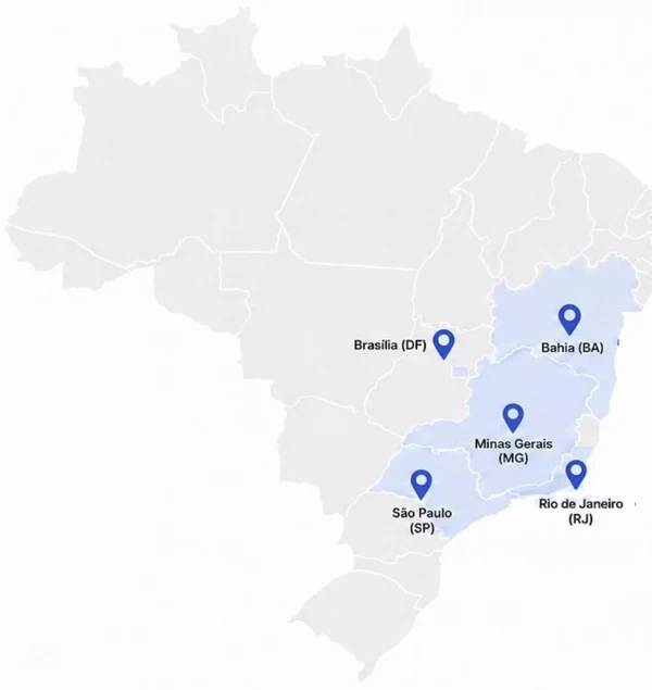 Mapa do Brasil com destaque para Brasília, Bahia, Minas Gerais, São Paulo e Rio de Janeiro